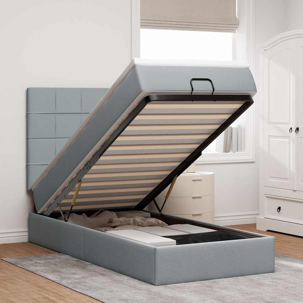 Ottoman-Bett mit Matratze & LEDs Hellgrau 100x200 cm Stoff