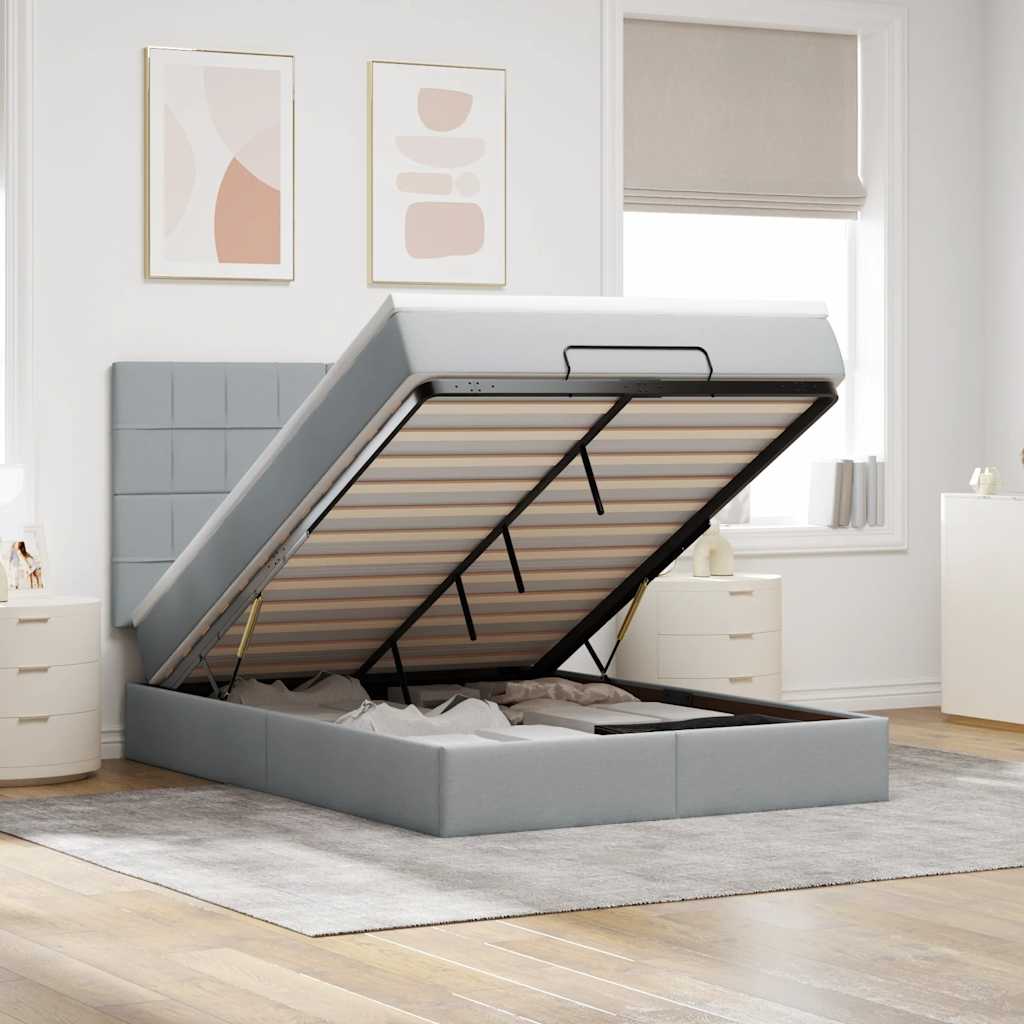 Ottoman-Bett mit Matratze & LEDs Hellgrau 140x200 cm Stoff