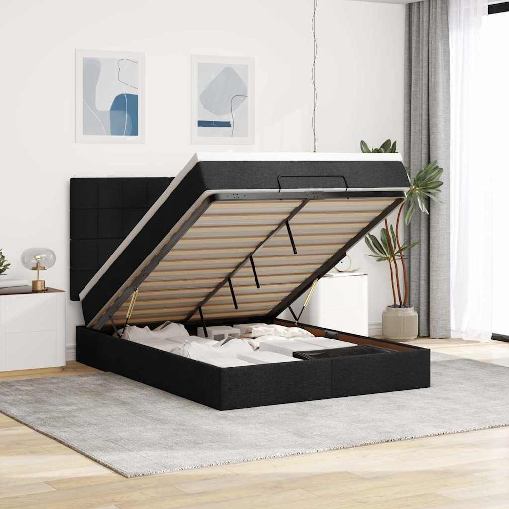Ottoman-Bett mit Matratze & LEDs Schwarz 140x200 cm Stoff