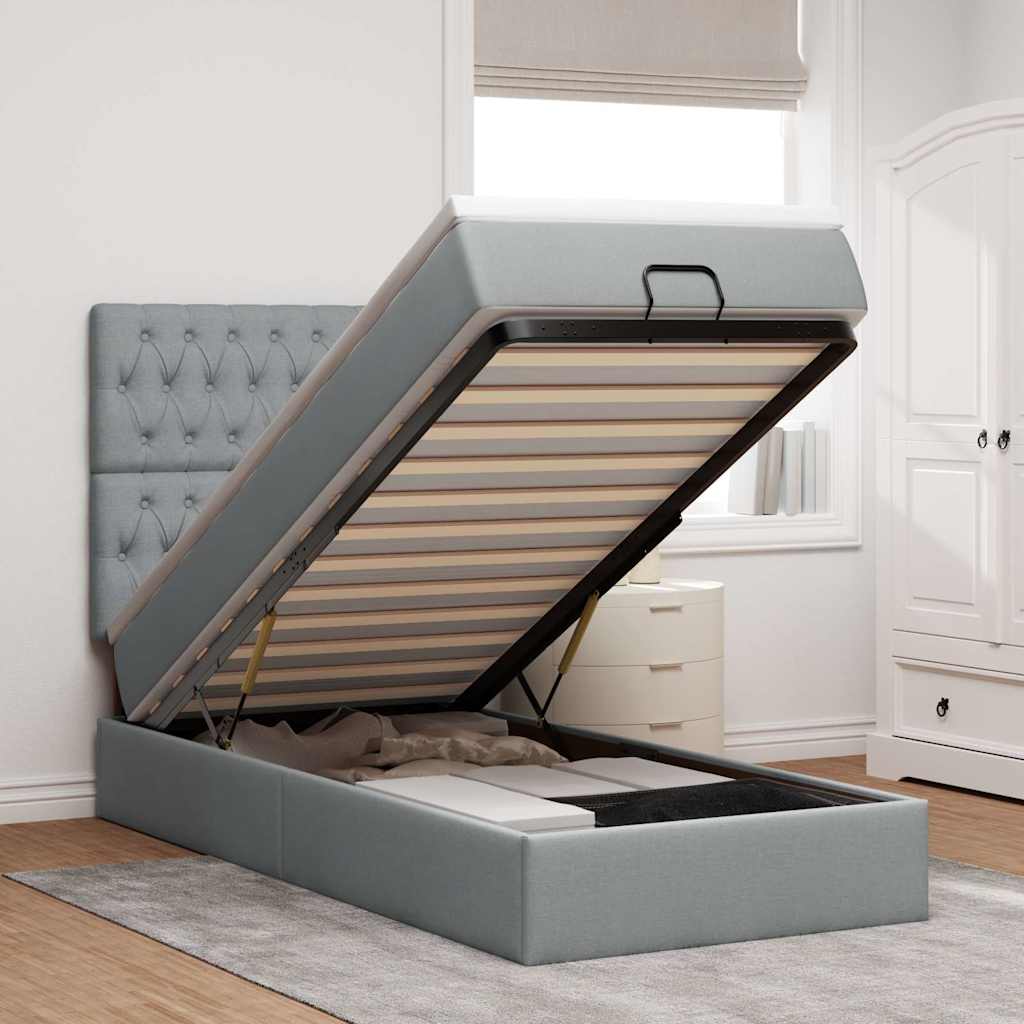 Ottoman-Bett mit Matratze & LEDs Hellgrau 90x190 cm Stoff