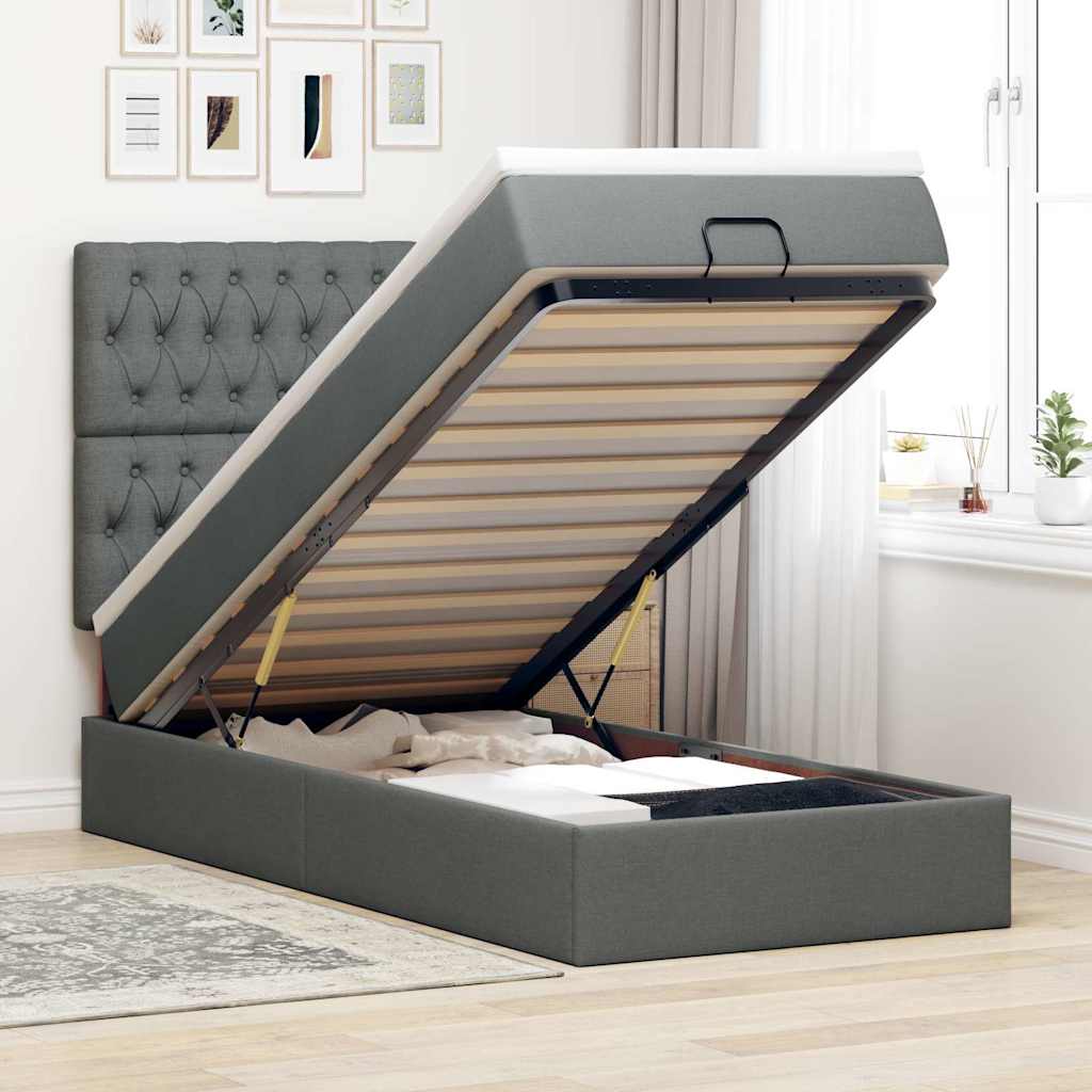 Ottomane Bett mit Matratze & LEDs Dunkelgrau 90x200 cm Stoff