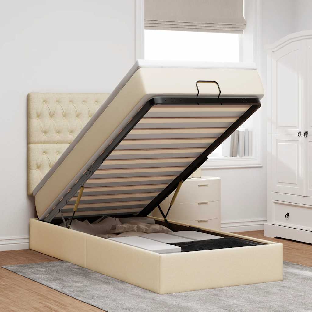 Ottomane Bett mit Matratze & LEDs Creme 90x200 cm Stoff