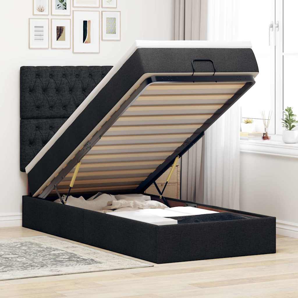 Ottoman-Bett mit Matratze & LEDs Schwarz 100x200 cm Stoff