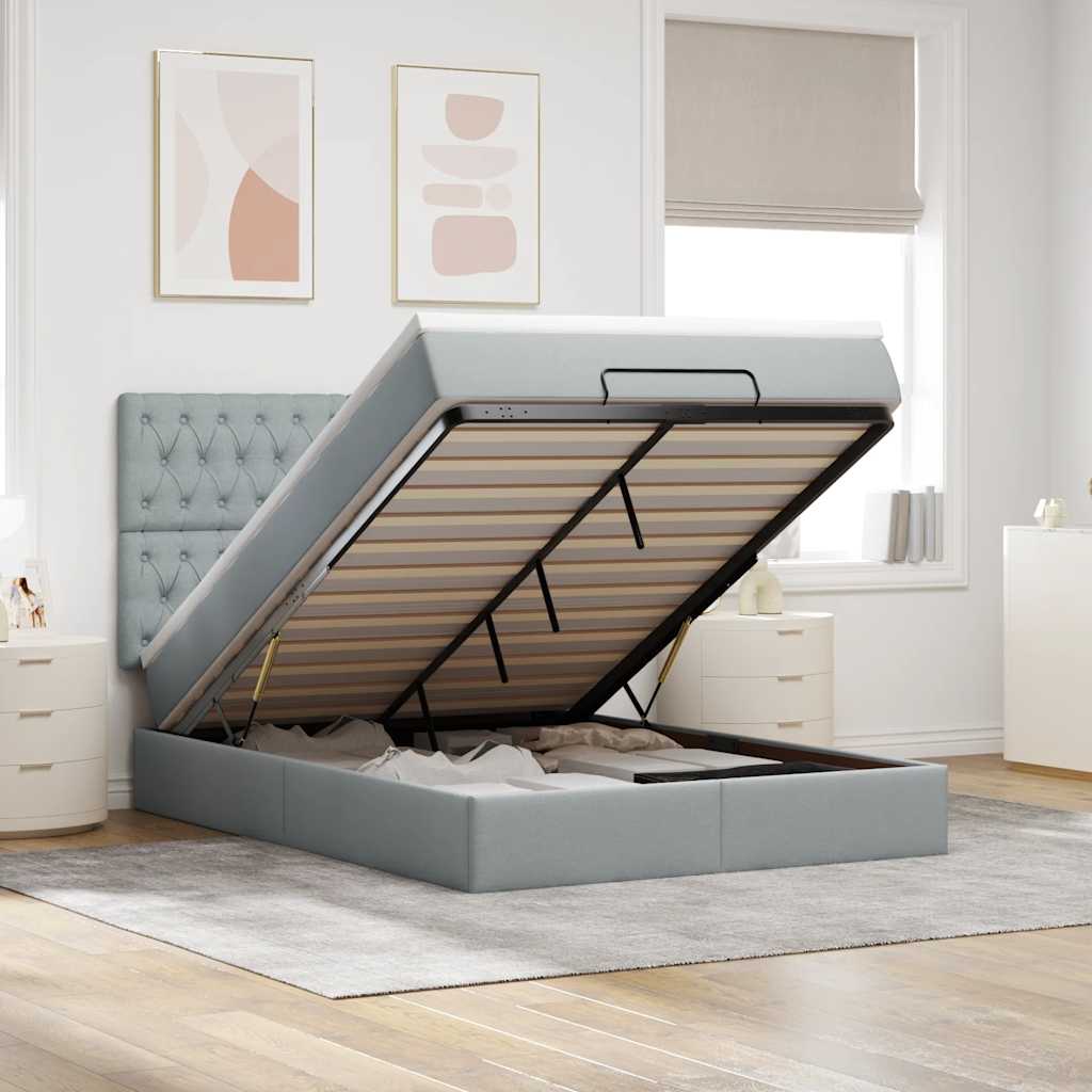 Ottoman-Bett mit Matratze & LEDs Hellgrau 140x190 cm Stoff
