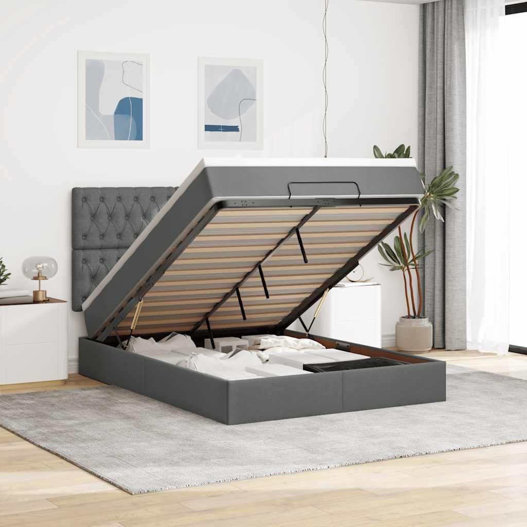 Ottoman-Bett mit Matratze & LEDs Dunkelgrau 140x190 cm Stoff