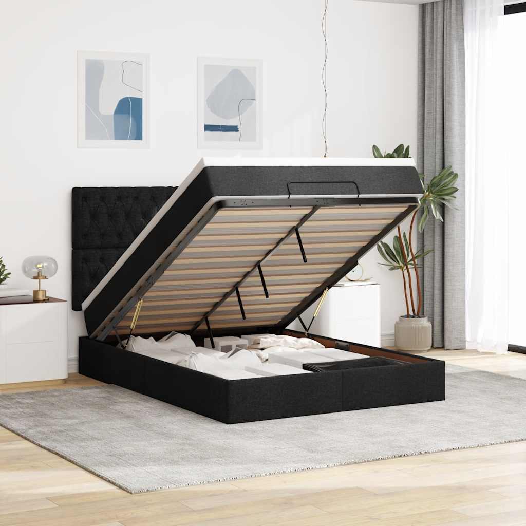 Ottoman-Bett mit Matratze & LEDs Schwarz 140x190 cm Stoff