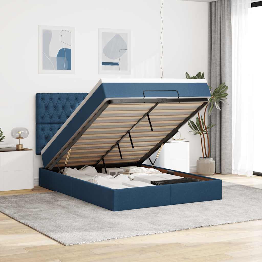 Ottoman-Bett mit Matratze & LEDs Blau 140x190 cm Stoff