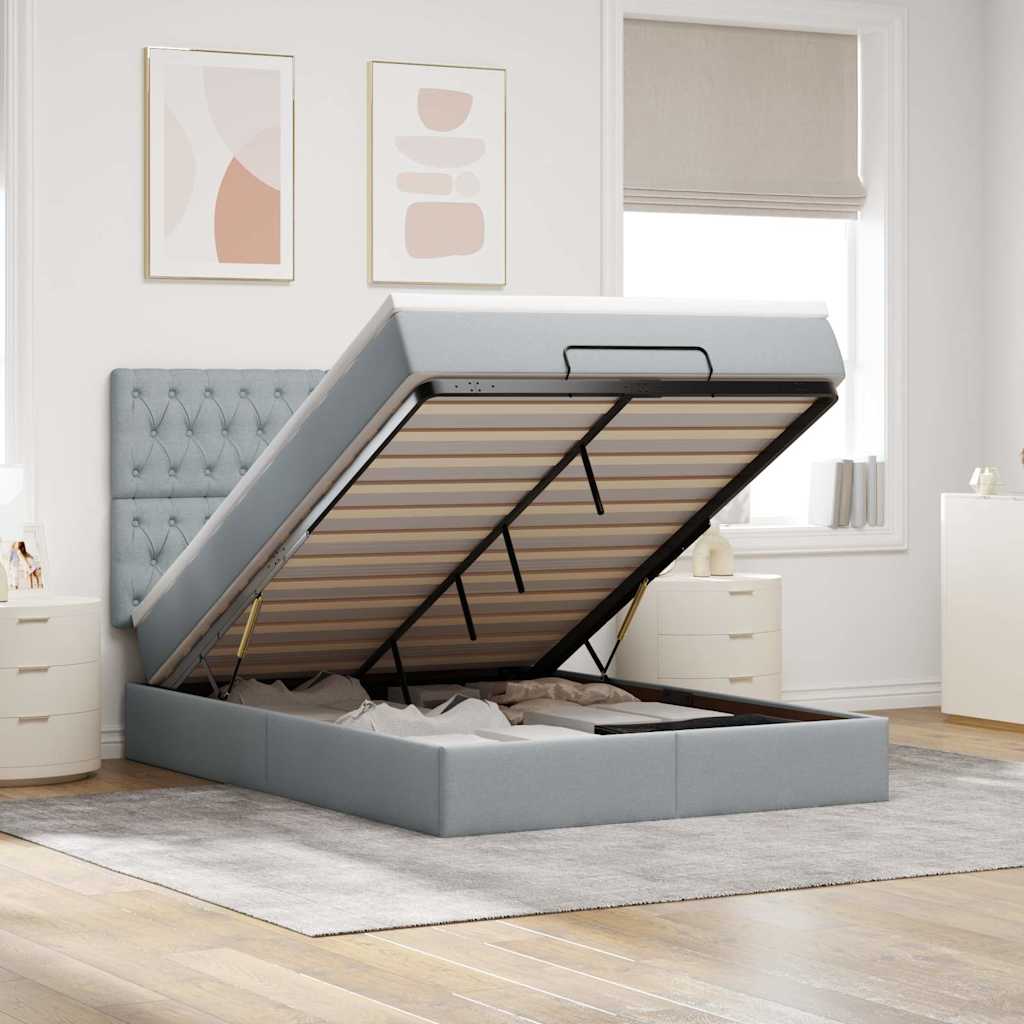 Ottoman-Bett mit Matratze & LEDs Hellgrau 140x200 cm Stoff