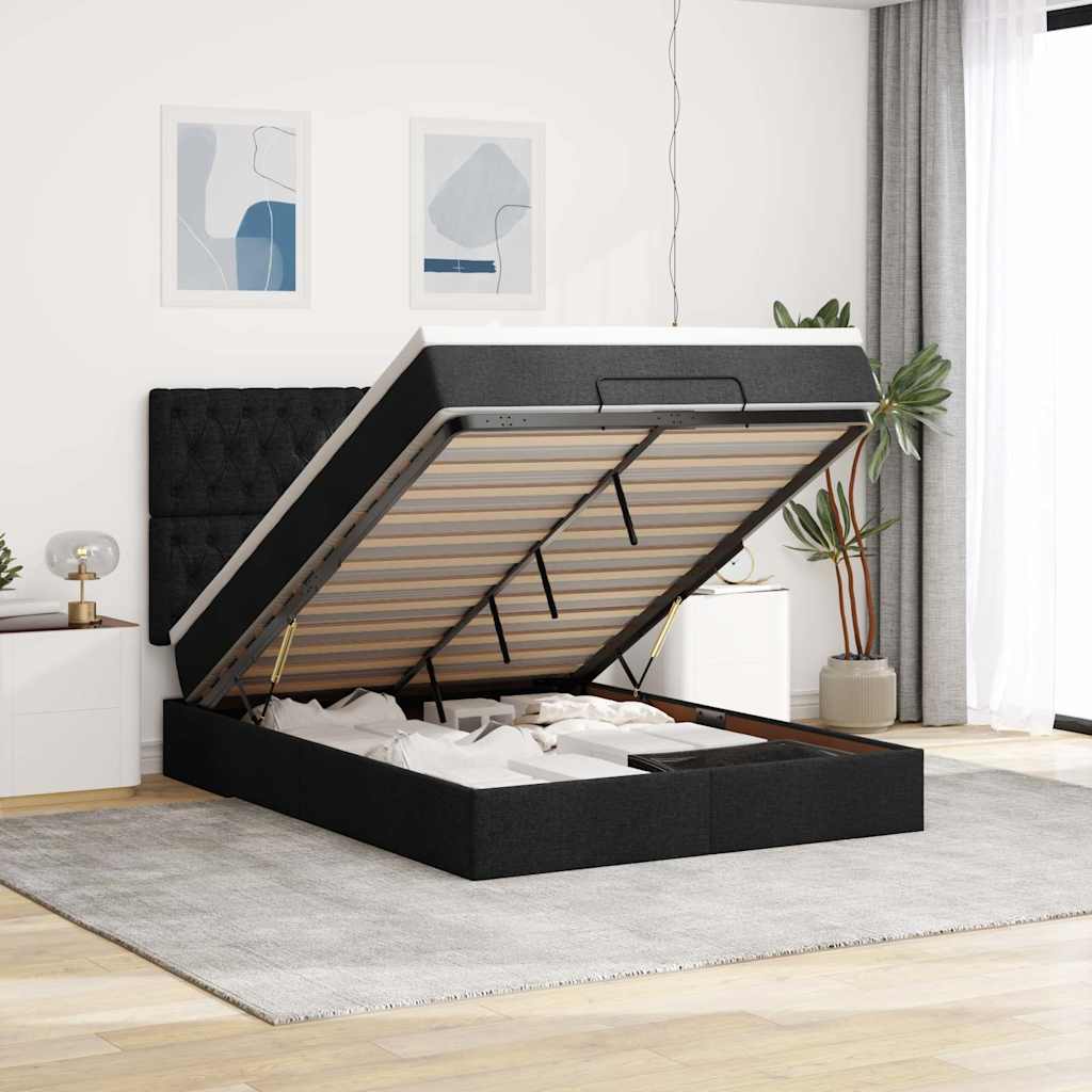 Ottoman-Bett mit Matratze & LEDs Schwarz 140x200 cm Stoff