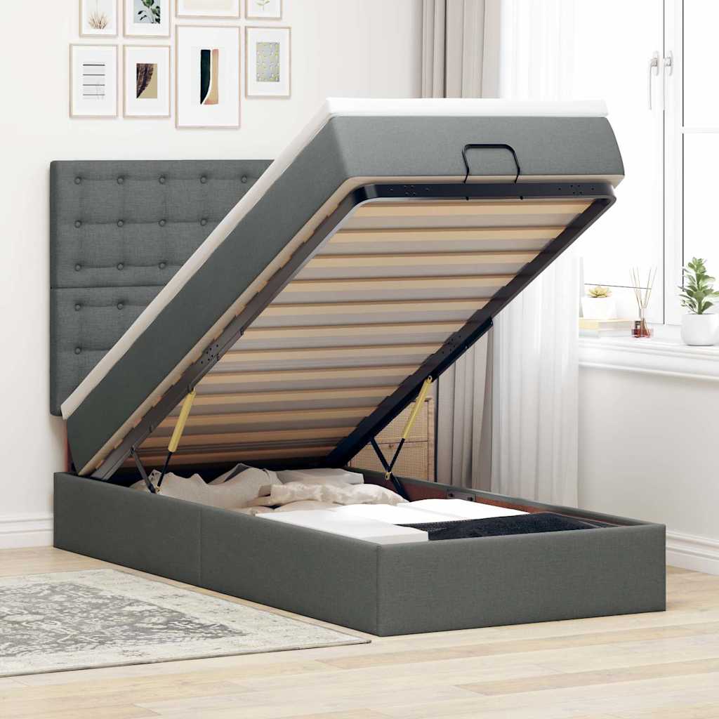 Ottoman-Bett mit Matratze & LEDs Dunkelgrau 90x190 cm Stoff