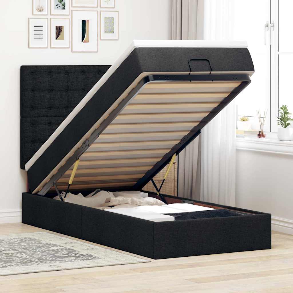 Ottoman-Bett mit Matratze & LEDs Schwarz 90x200 cm Stoff