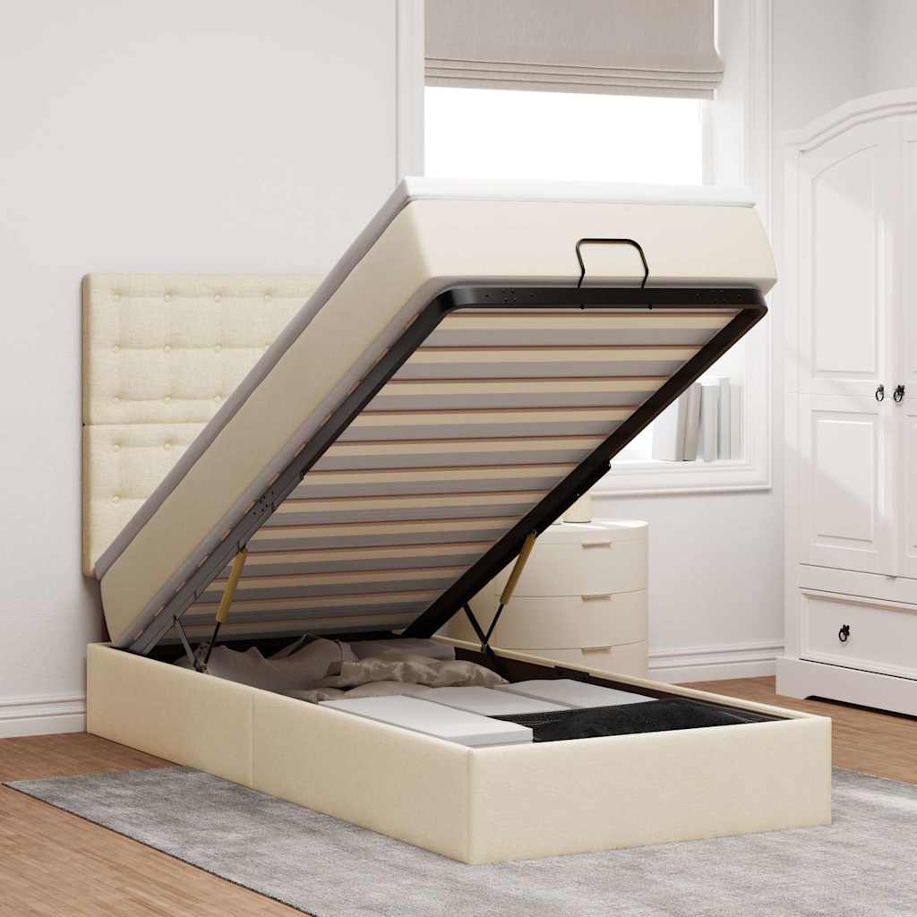 Ottomane Bett mit Matratze & LEDs Creme 90x200 cm Stoff