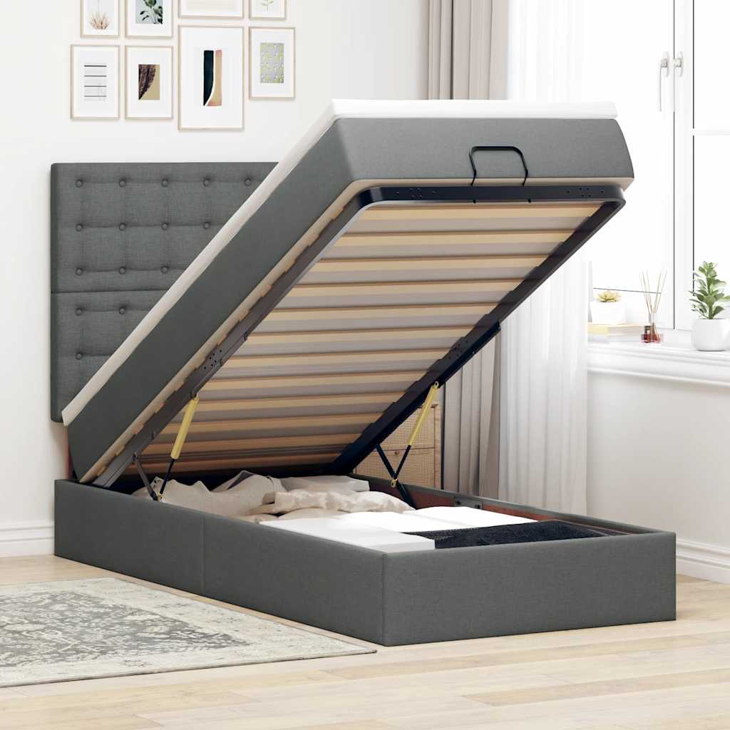 Ottoman-Bett mit Matratze & LEDs Dunkelgrau 100x200 cm Stoff