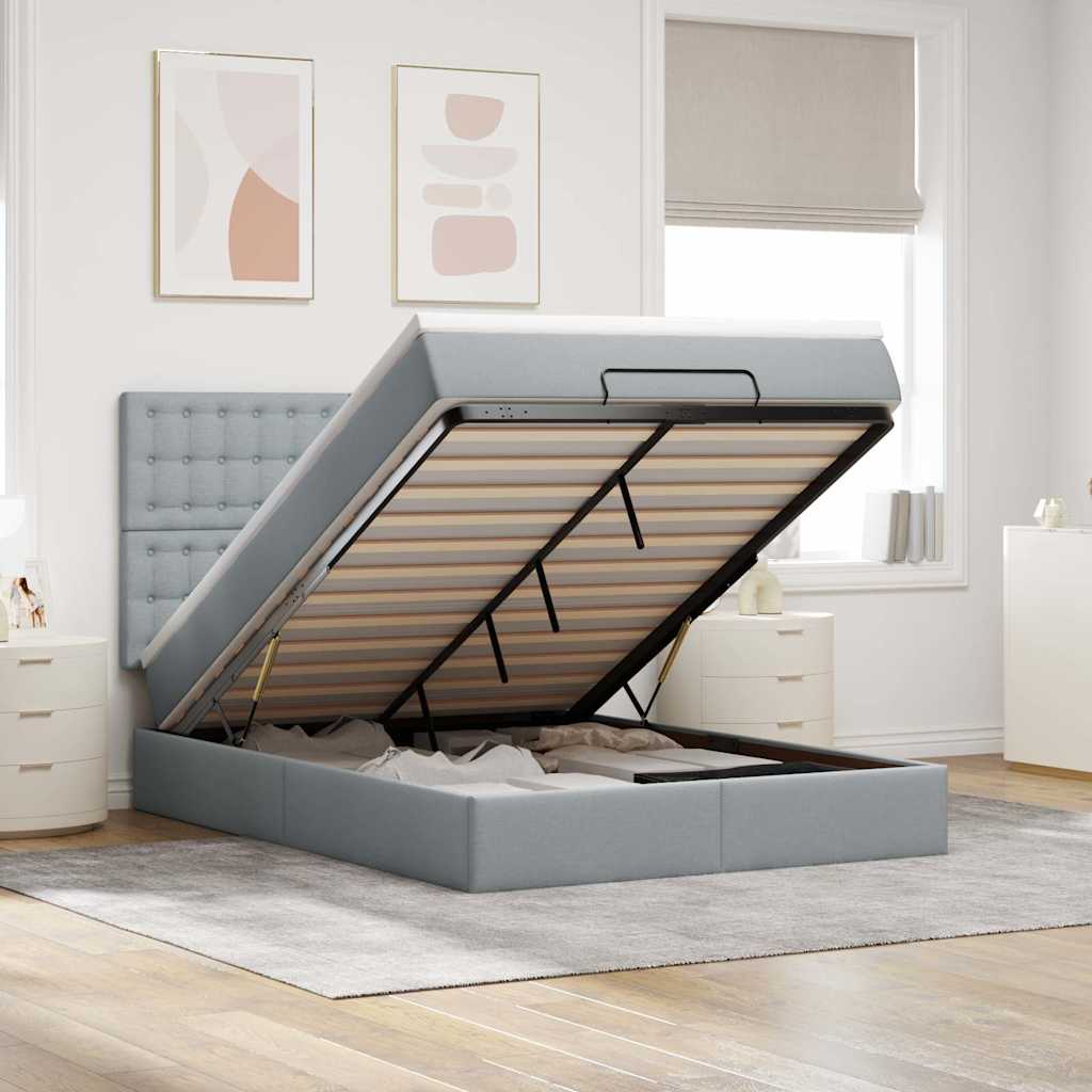 Ottoman-Bett mit Matratze & LEDs Hellgrau 140x190 cm Stoff