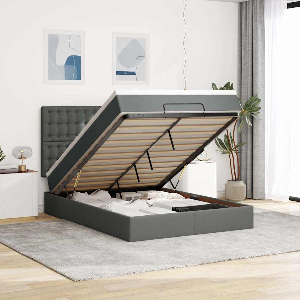 Ottoman-Bett mit Matratze & LEDs Dunkelgrau 140x190 cm Stoff