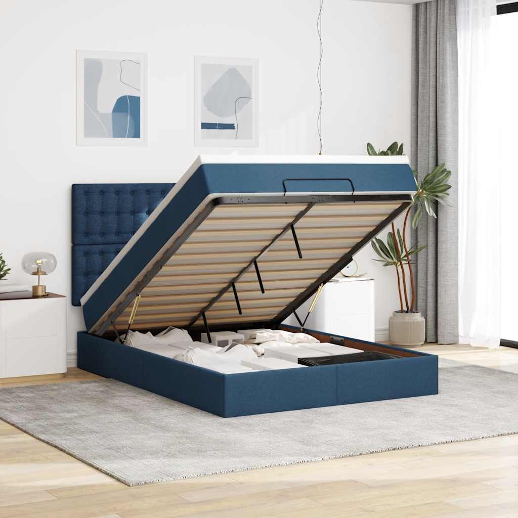 Ottoman-Bett mit Matratze & LEDs Blau 140x190 cm Stoff