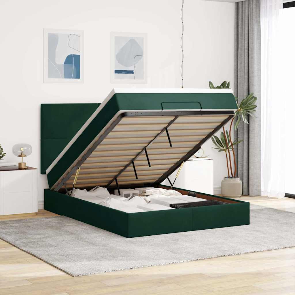 Ottoman-Bett mit Matratzen & LEDs Dunkelgrün 140x190 cm Samt
