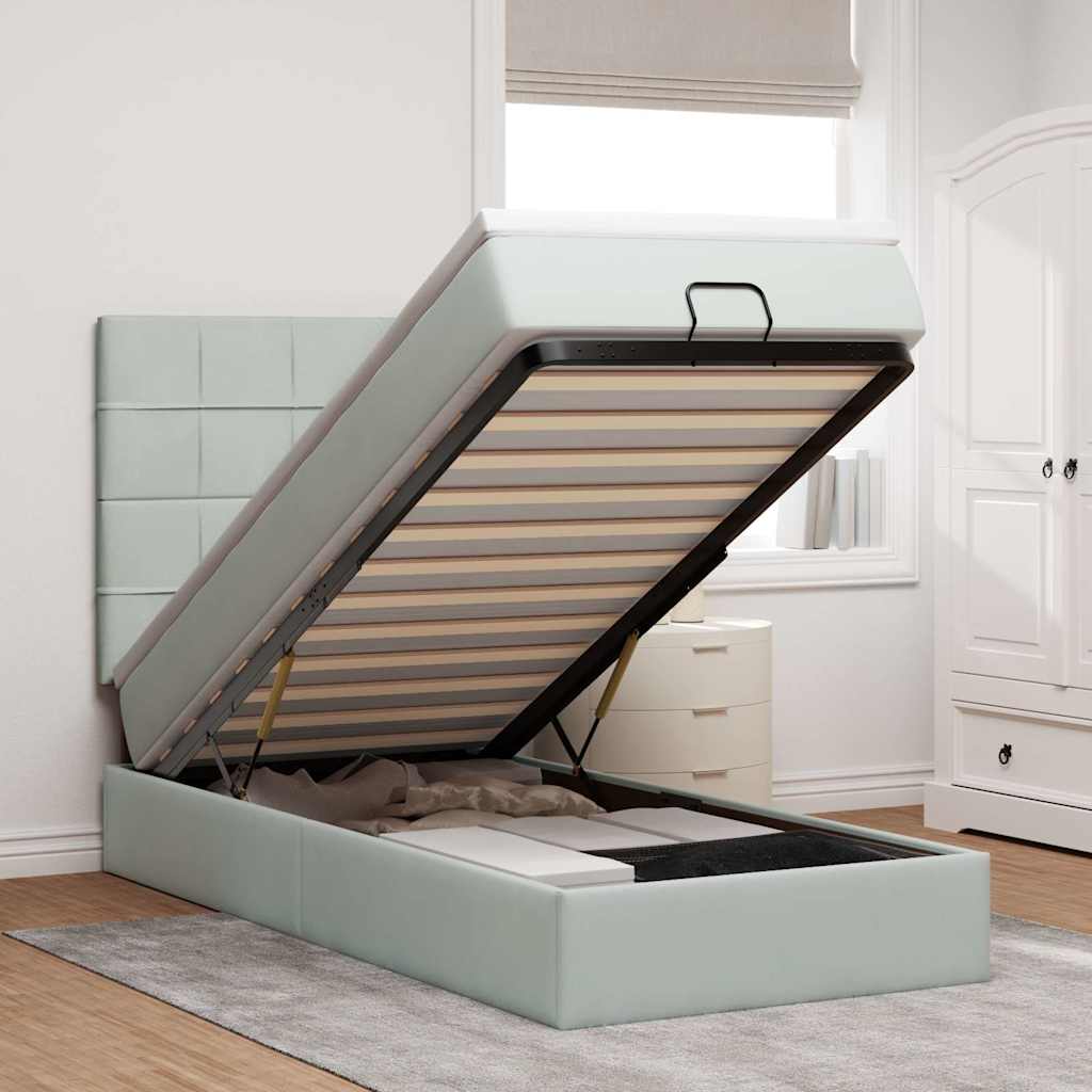 Ottoman-Bett mit Matratzen & LEDs Hellgrau 90x200 cm Samt