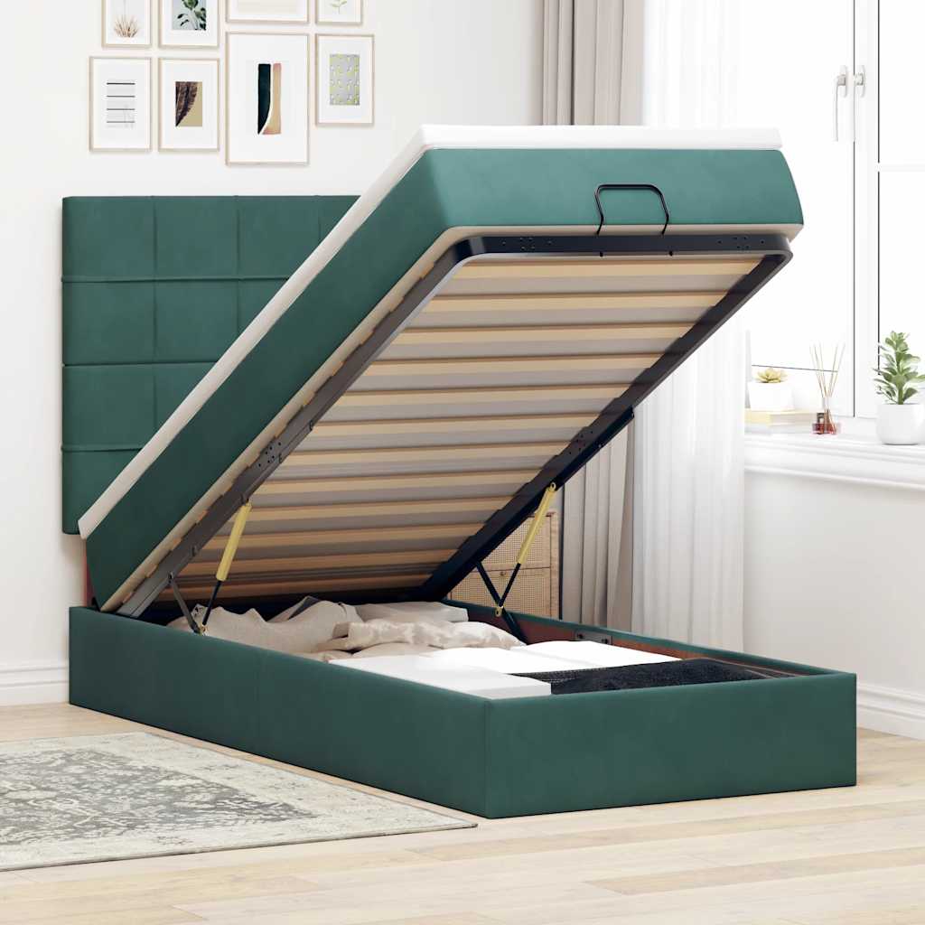 Ottoman-Bett mit Matratzen & LEDs Dunkelgrün 90x200 cm Samt