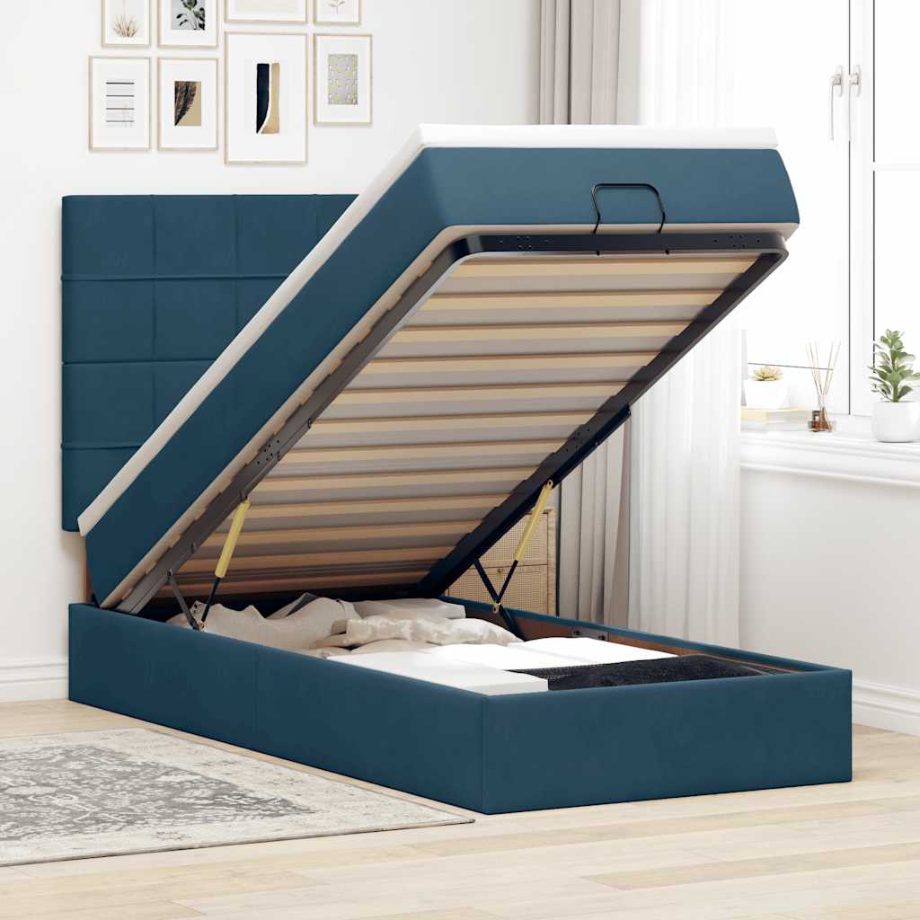 Ottoman-Bett mit Matratzen & LEDs Dunkelblau 90x200 cm Samt