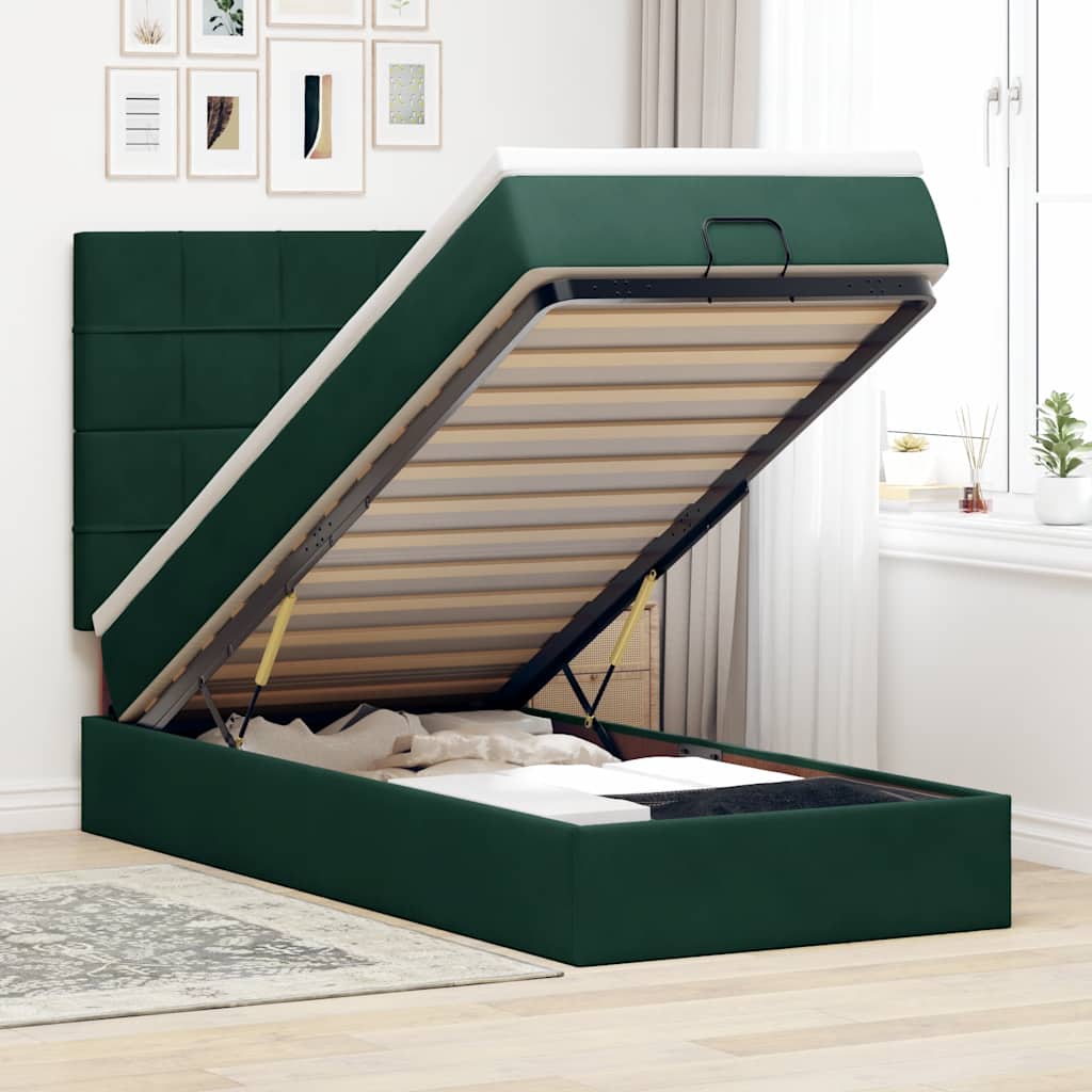 Ottoman-Bett mit Matratzen & LEDs Dunkelgrün 100x200 cm Samt