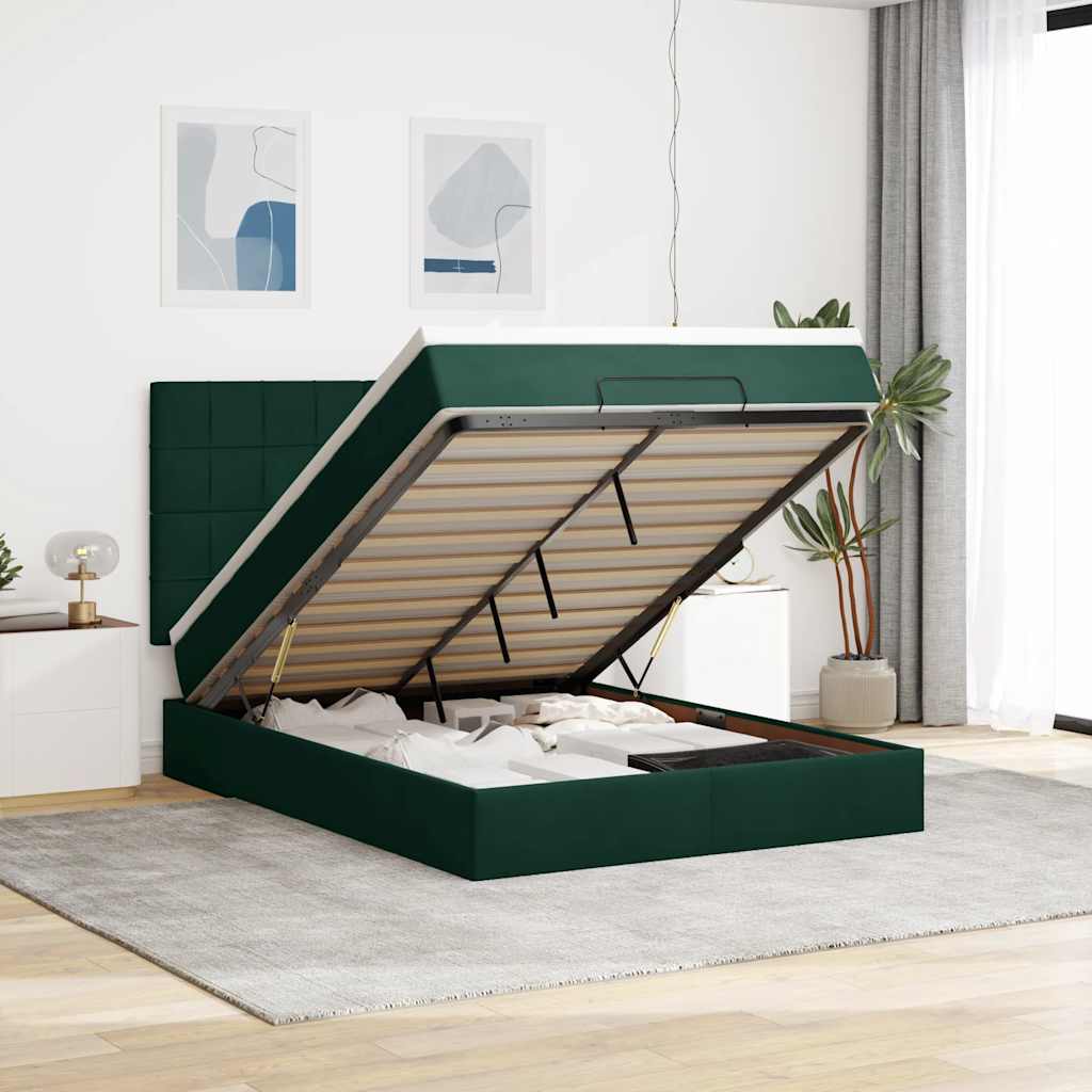 Ottoman-Bett mit Matratzen & LEDs Dunkelgrün 140x190 cm Samt