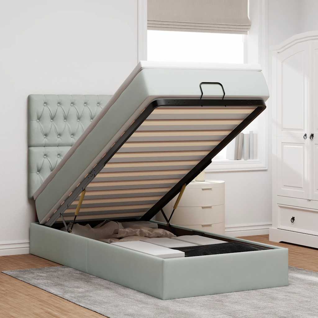 Ottoman-Bett mit Matratzen & LEDs Hellgrau 90x190 cm Samt
