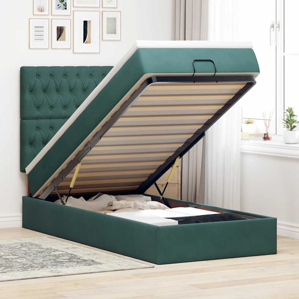 Ottoman-Bett mit Matratzen & LEDs Dunkelgrün 90x190 cm Samt