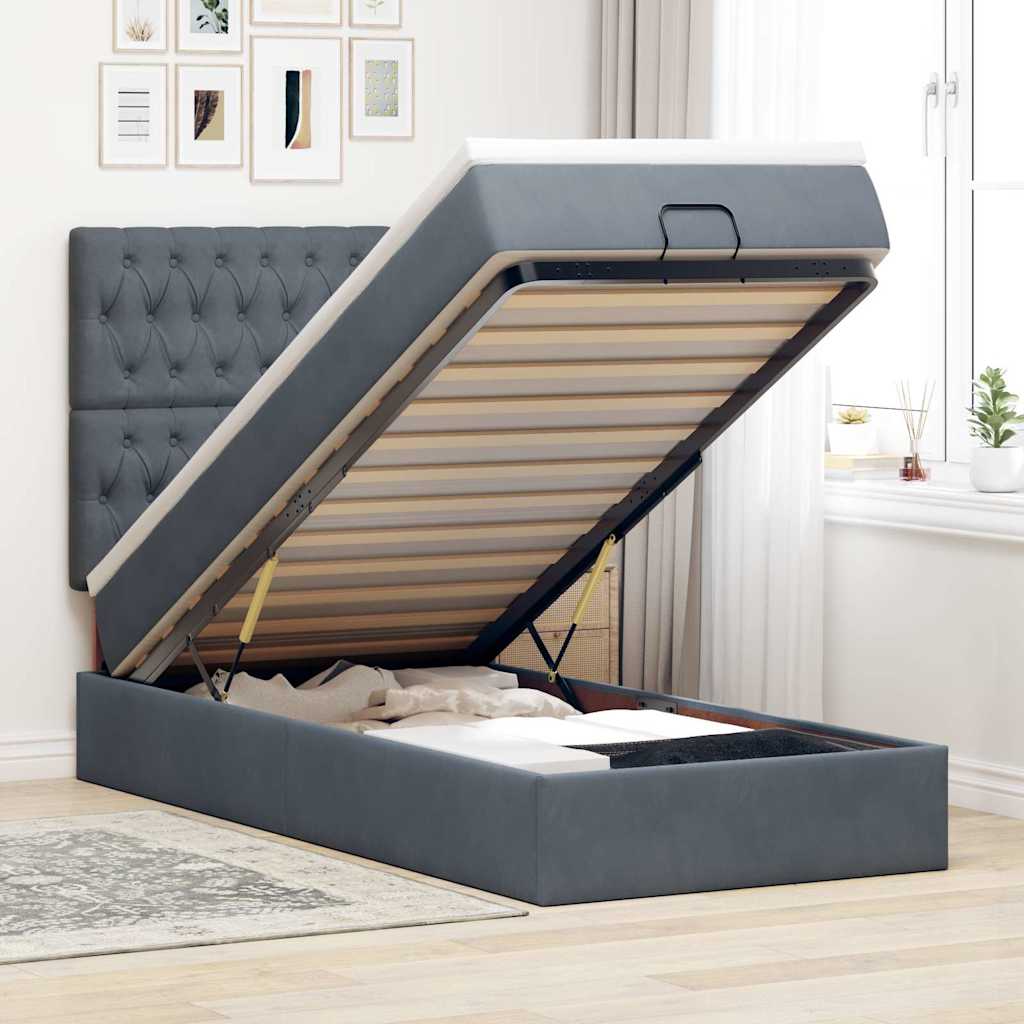Ottoman-Bett mit Matratzen & LEDs Dunkelgrau 90x200 cm Samt