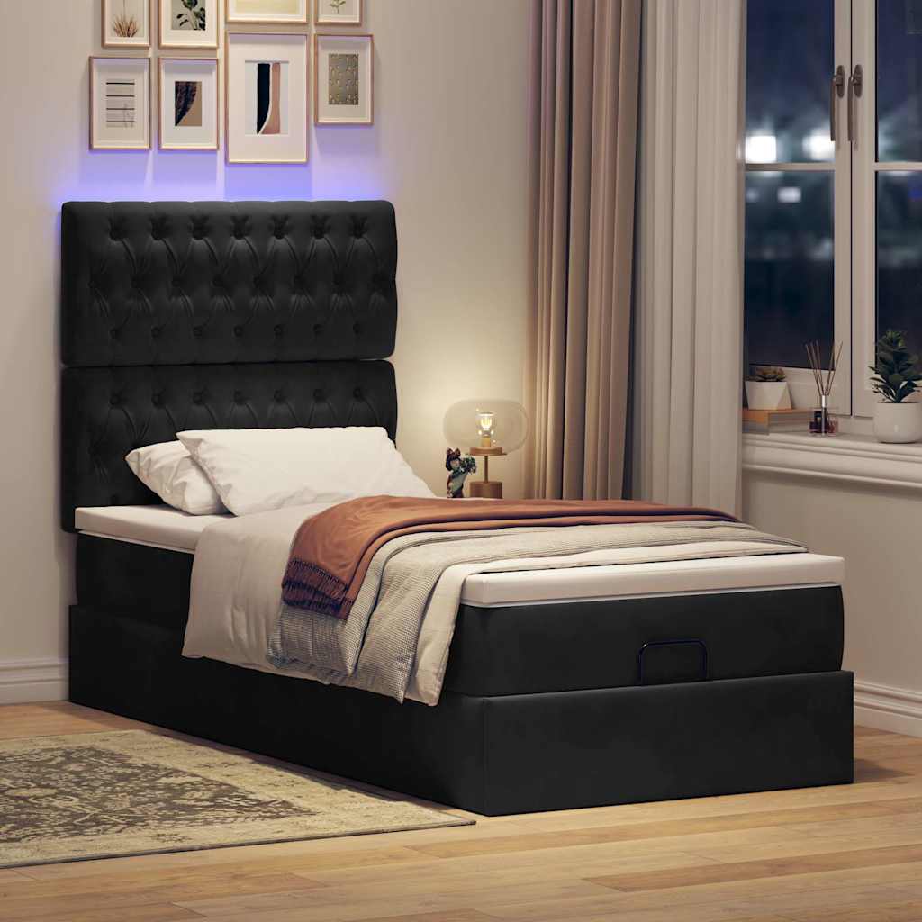 Ottoman-Bett mit Matratzen & LEDs Schwarz 100x200 cm Samt