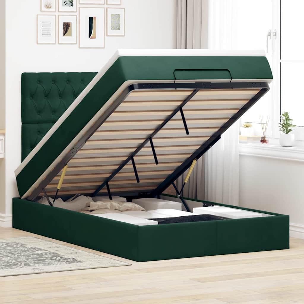 Ottoman-Bett mit Matratzen & LEDs Dunkelgrün 120x190 cm Samt