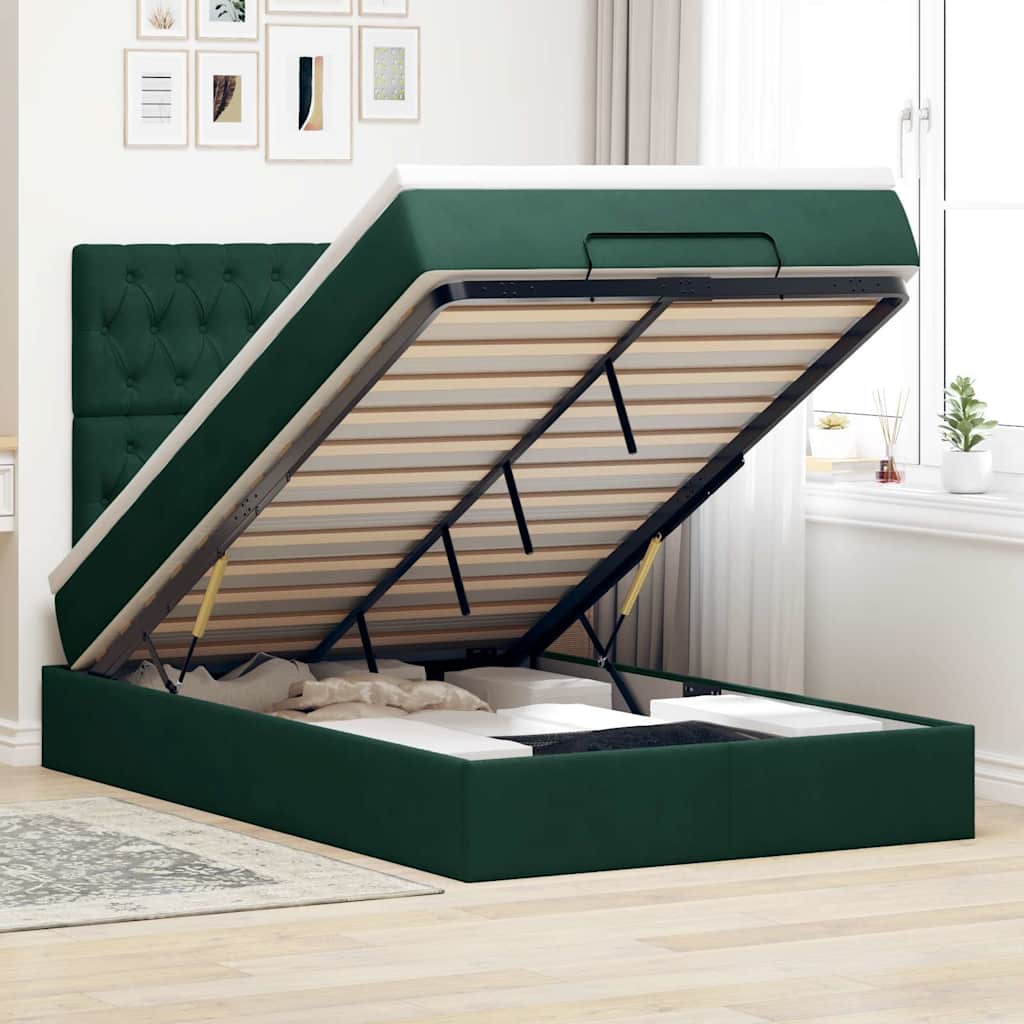 Ottoman-Bett mit Matratzen & LEDs Dunkelgrün 120x200 cm Samt