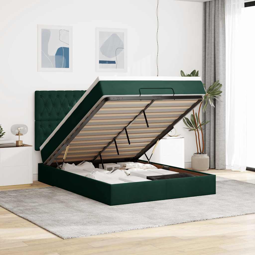 Ottoman-Bett mit Matratzen & LEDs Dunkelgrün 140x190 cm Samt