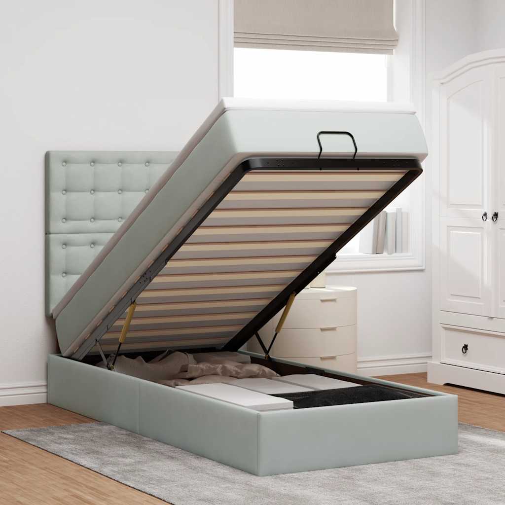 Ottoman-Bett mit Matratzen & LEDs Hellgrau 90x200 cm Samt