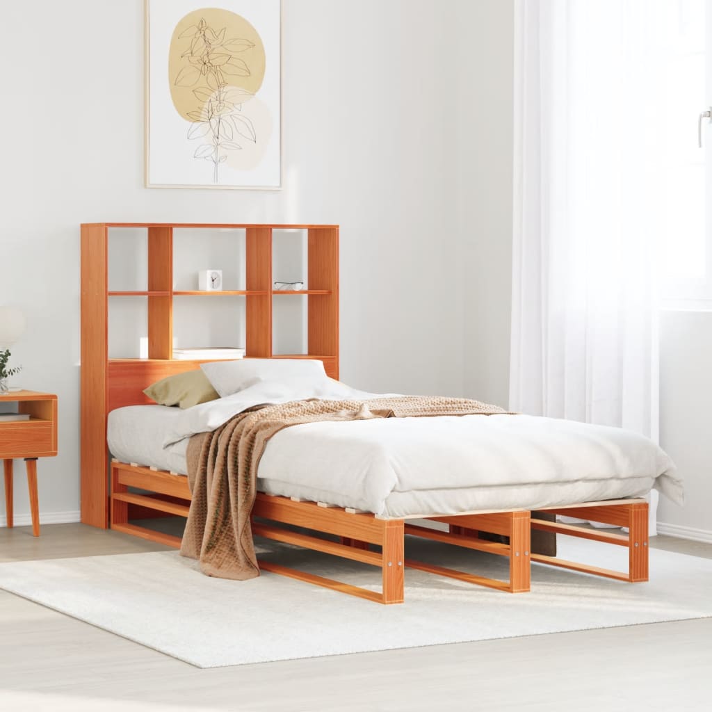 Massivholzbett mit Regal ohne Matratze Wachsbraun 75x190 cm