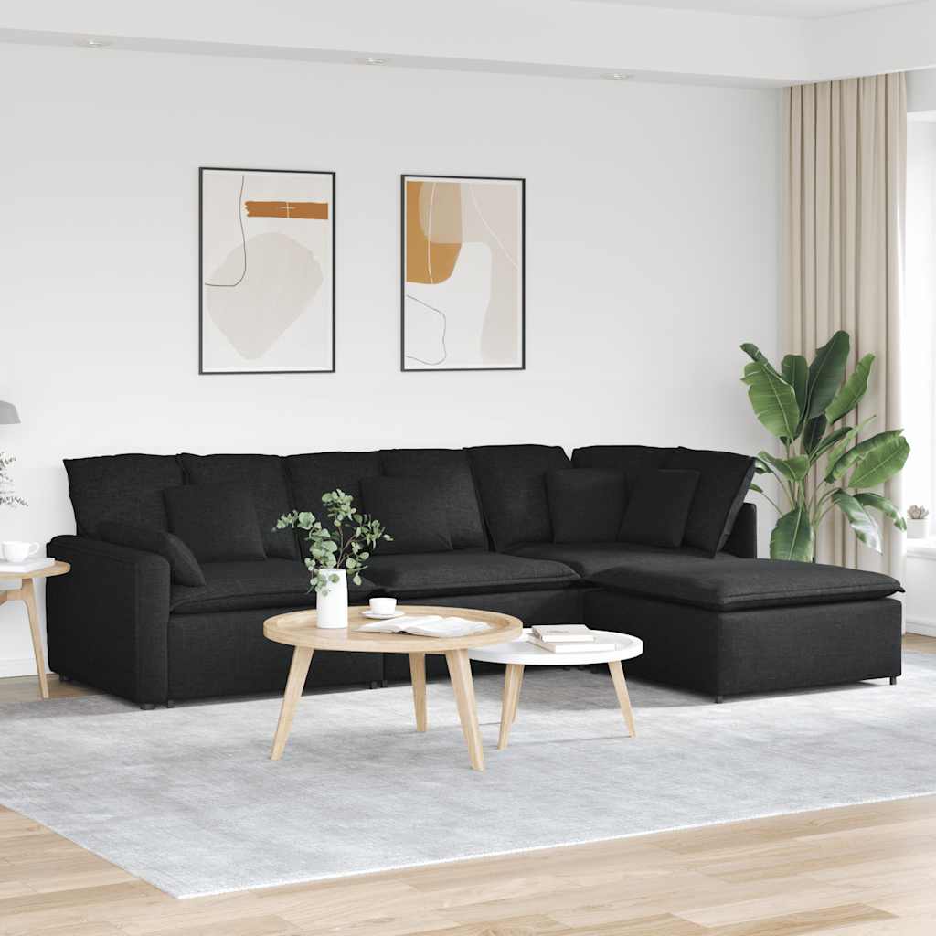 Modulares Sofa mit Fußhocker Kissen Stoff Schwarz