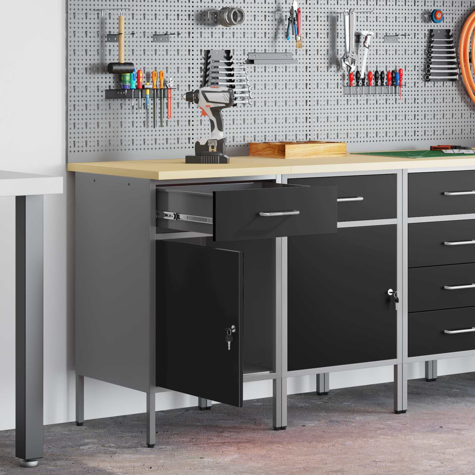 Werkbank mit Speicher 2 Stk. Schwarz und Grau 100 x 55 x 85 cm