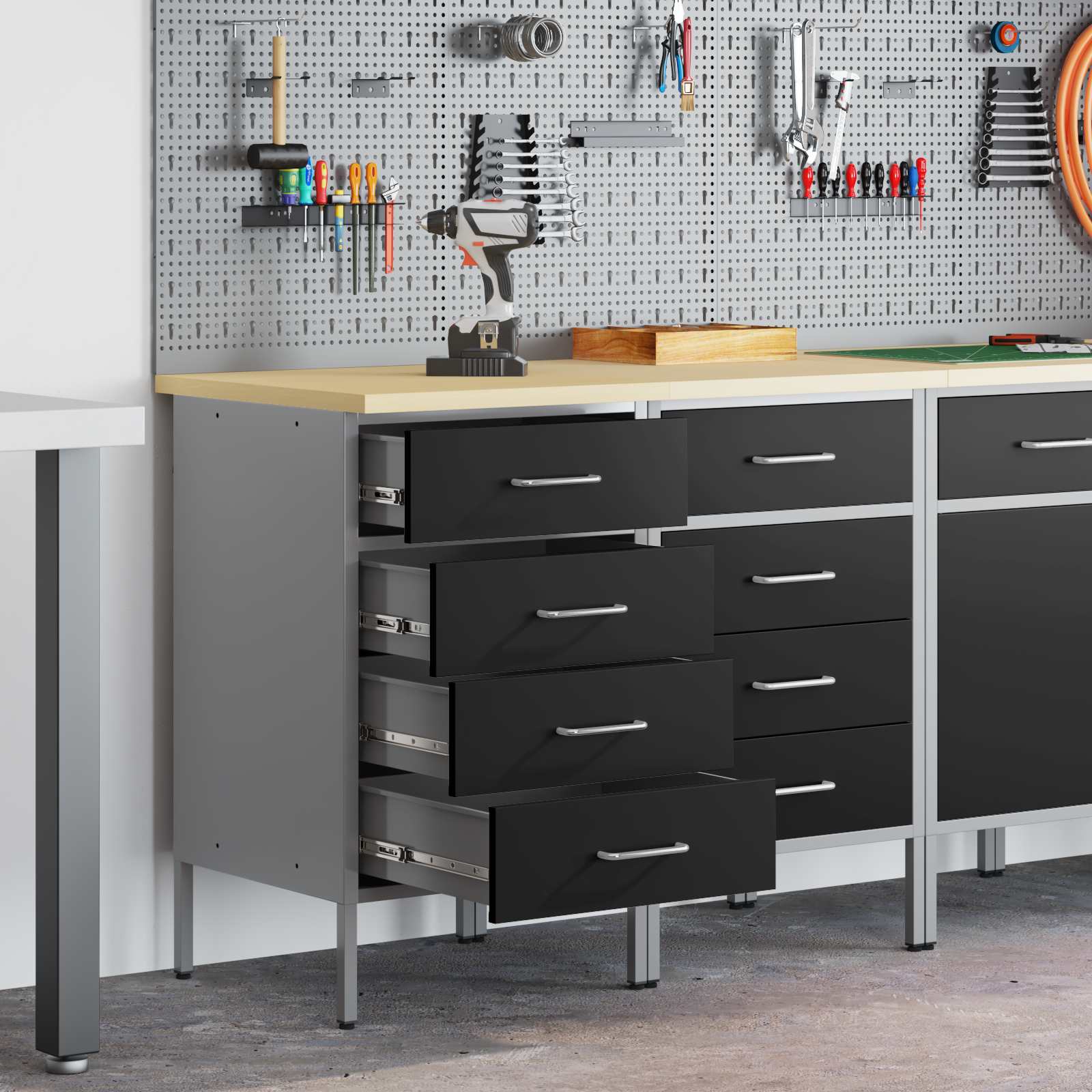 Werkbank mit Speicher 2 Stk. Schwarz und Grau 100 x 55 x 85 cm