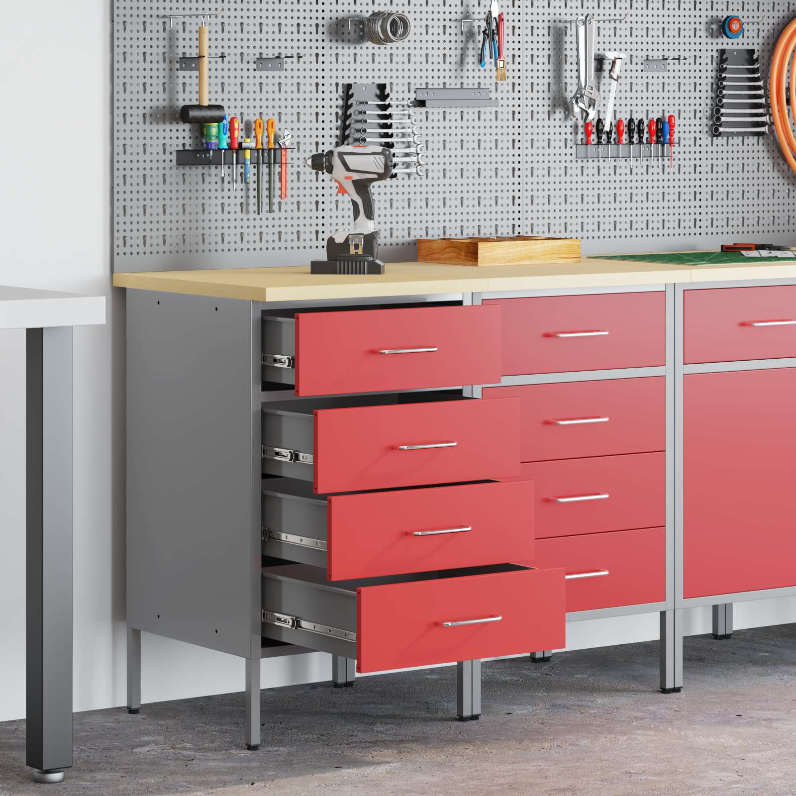 Werkbank mit Schubladen 2 Stk. Rot und Grau 100 x 55 x 85 cm