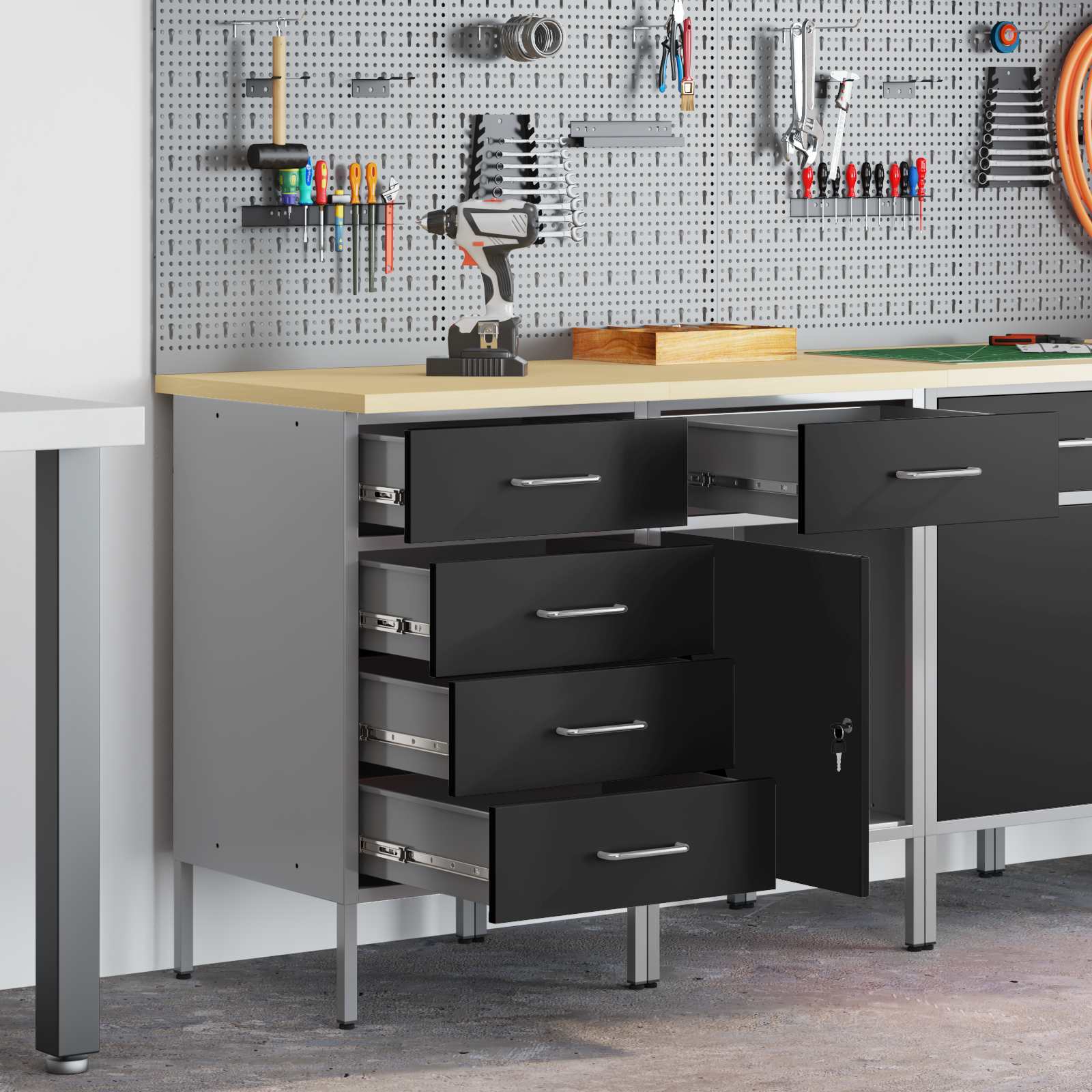 Werkbank mit Speicher 2 Stk. Schwarz und Grau 100 x 55 x 85 cm