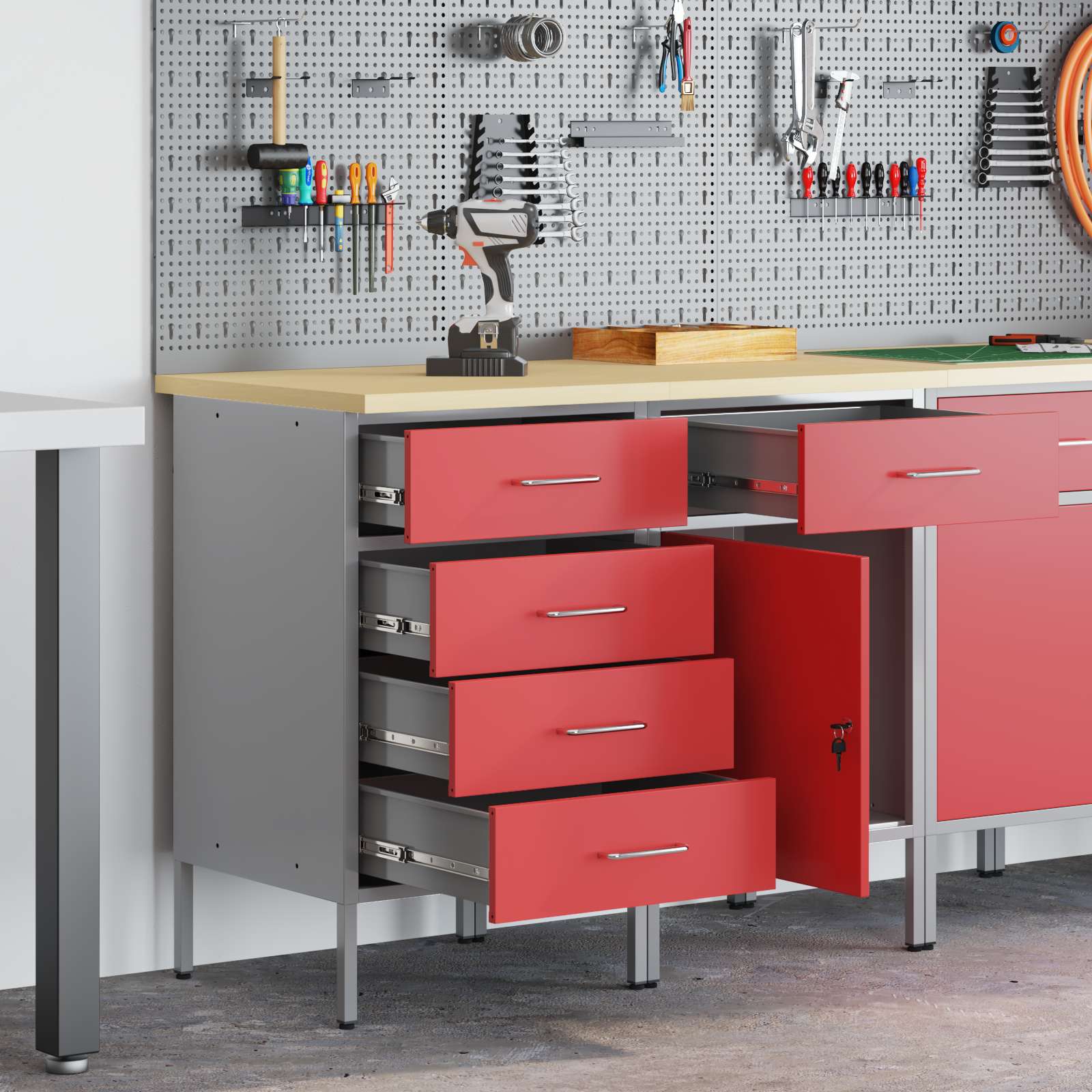 Werkbank mit Schubladen 2 Stk. Rot und Grau 100 x 55 x 85 cm