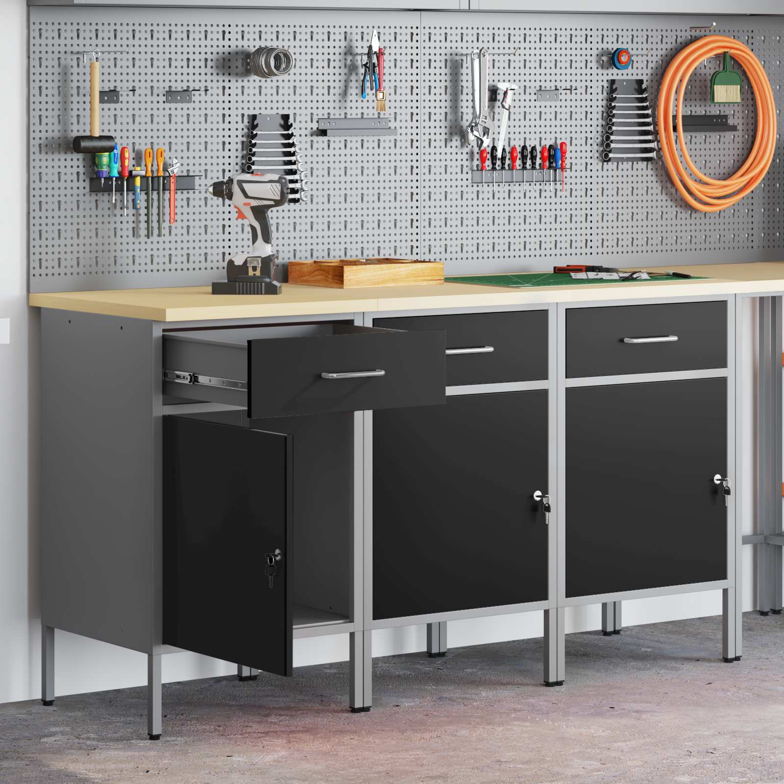 Werkbank mit Speicher 3 Stk. Schwarz und Grau 150 x 55 x 85 cm