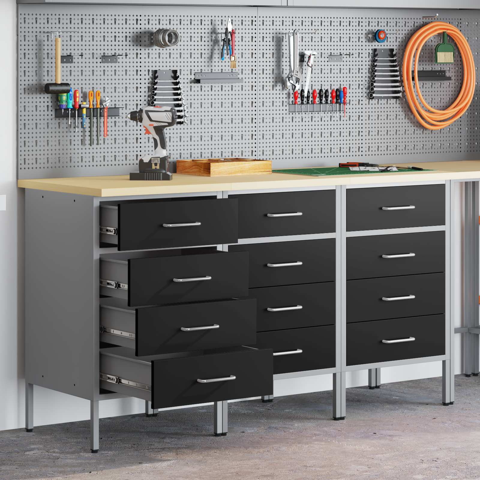Werkbank mit Speicher 3 Stk. Schwarz und Grau 150 x 55 x 85 cm