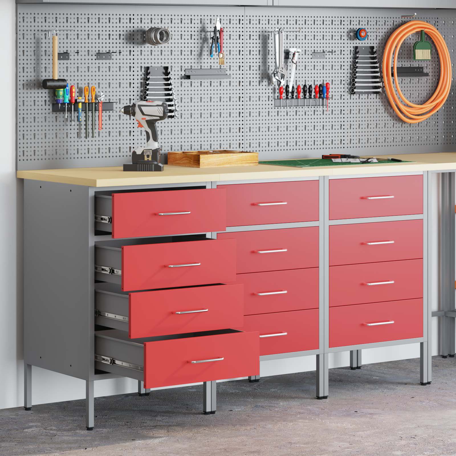 Werkbank mit Schubladen 3 Stk. Rot und Grau 150 x 55 x 85 cm