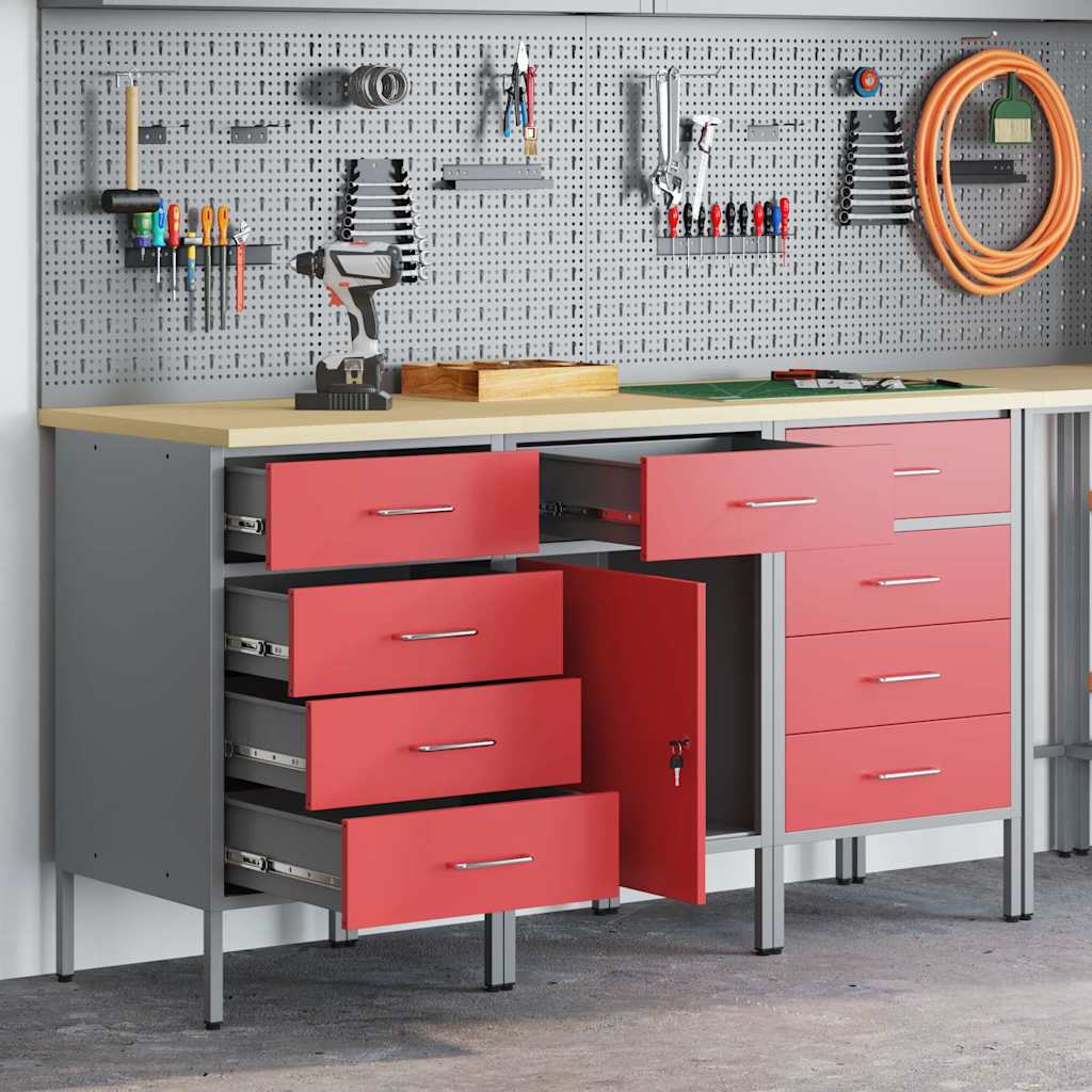 Werkbank mit Schubladen 3 Stk. Rot und Grau 150 x 55 x 85 cm