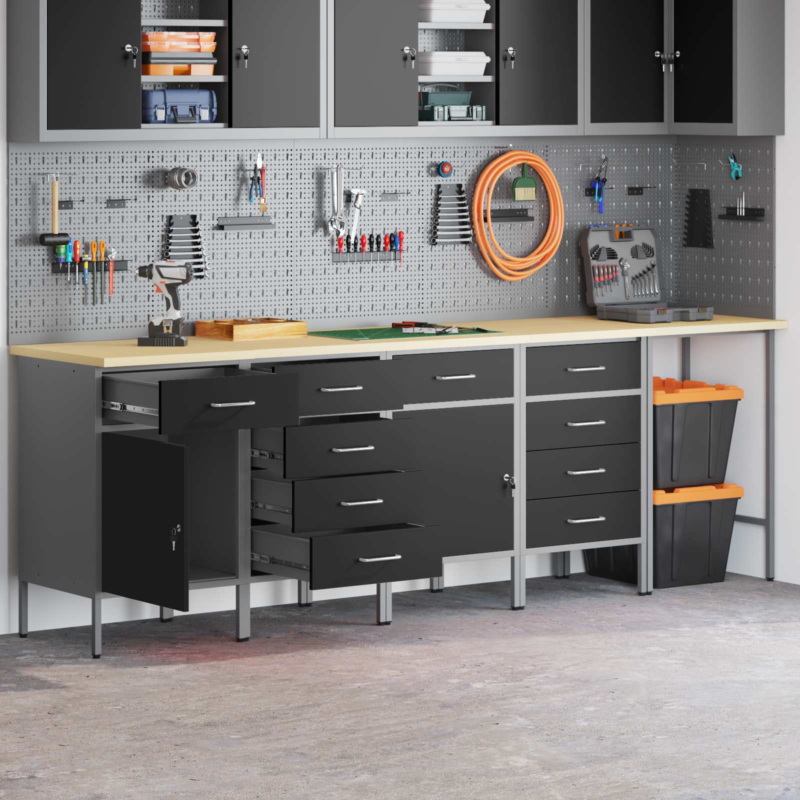 Arbeitsschrankset mit Schubladen 5 Stk. Schwarz und Grau
