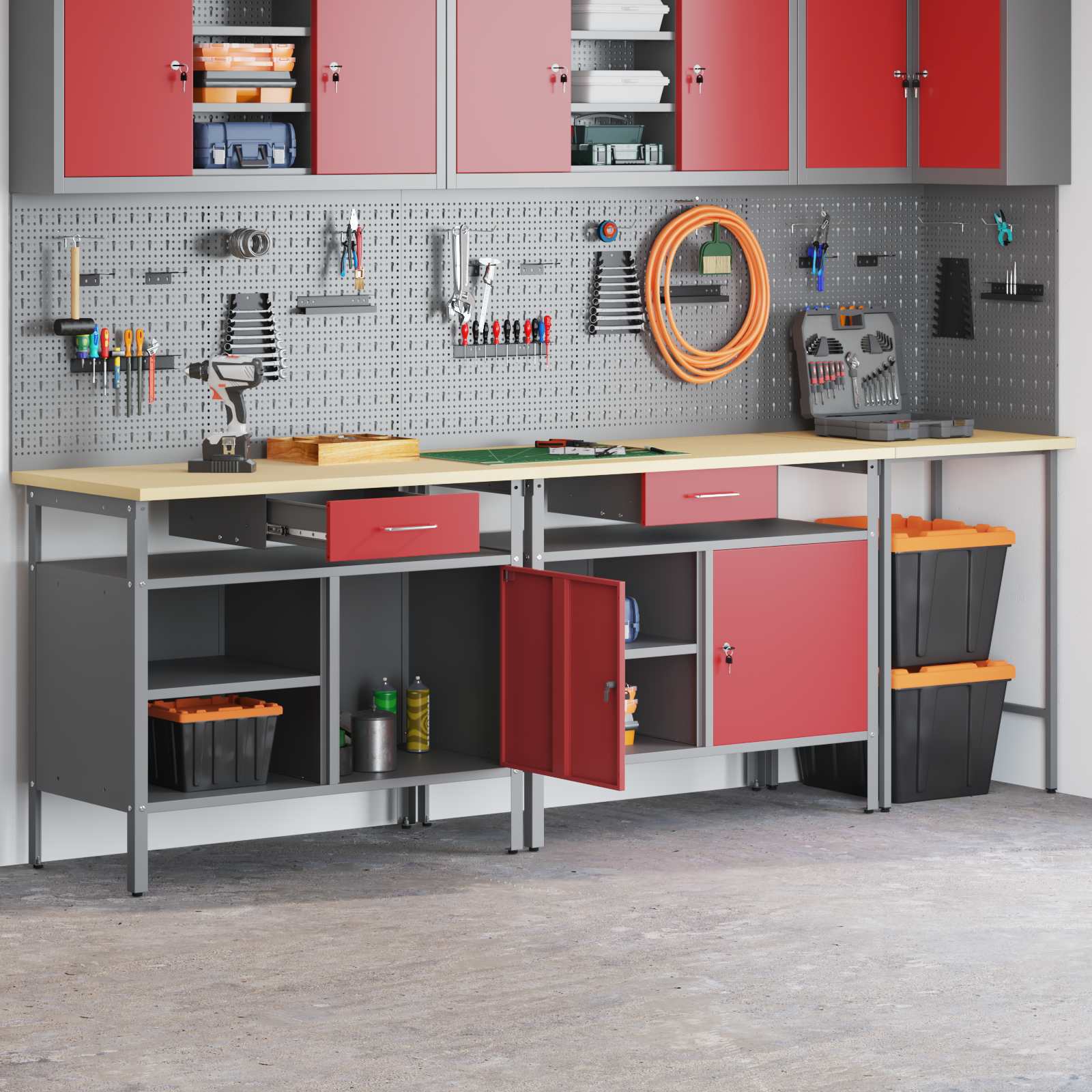 Werkbank-Set 3 stk. Schwarz und Grau Pulverbeschichteter Stahl