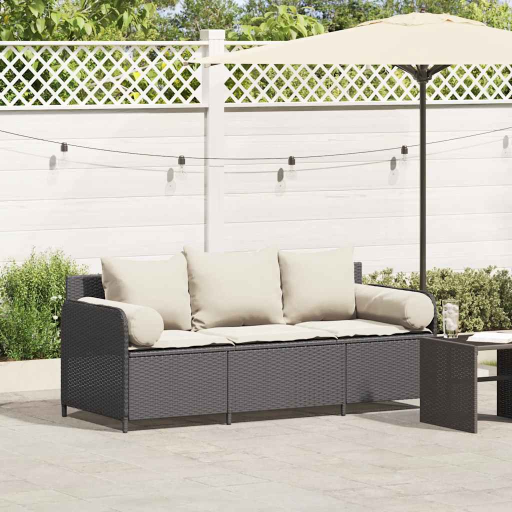 Gartensofa mit Kissen 3-Sitzer Schwarz Poly Rattan