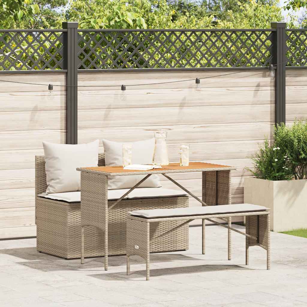 3-tlg. Garten-Essgruppe mit Kissen Beige Poly Rattan