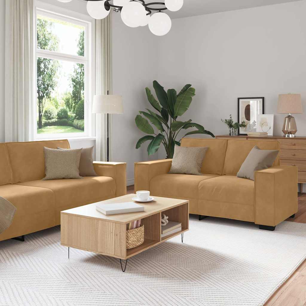 3-tlg. Sofagarnitur mit Kissen Braun Samt